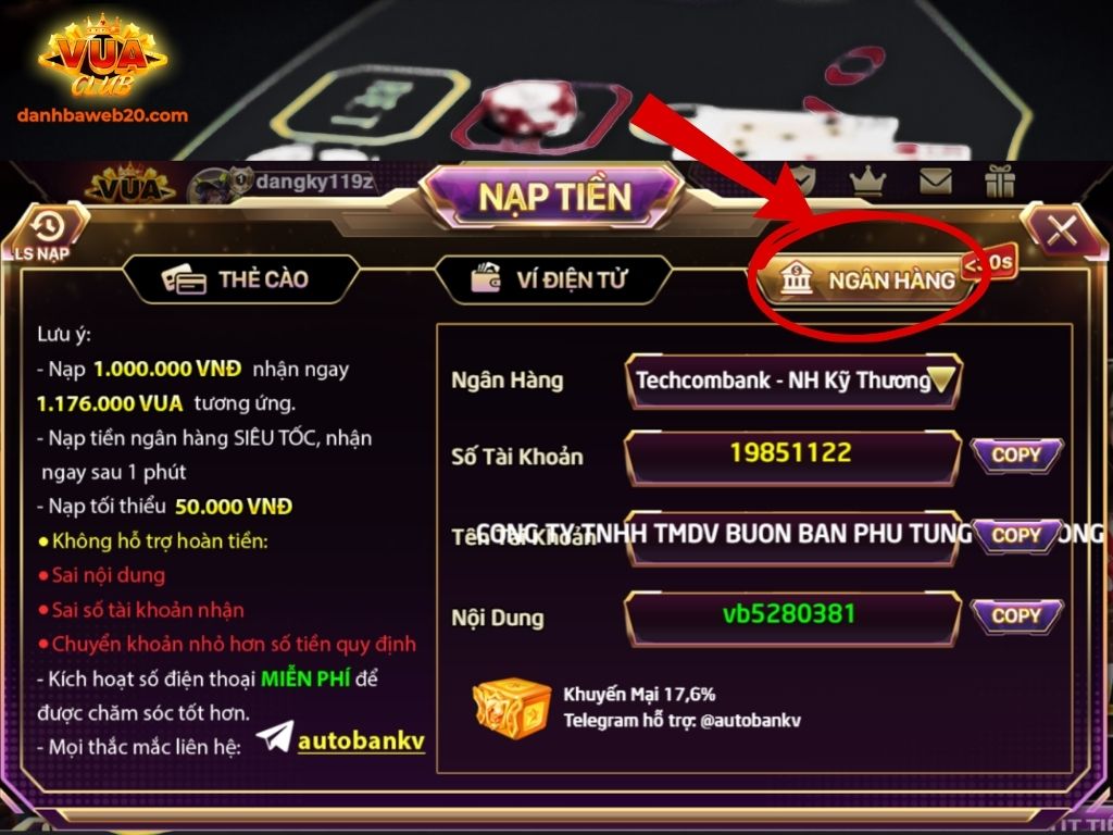 Chuyển tiền theo đúng thông tin tài khoản techcombank mà Vuaclub cung cấp